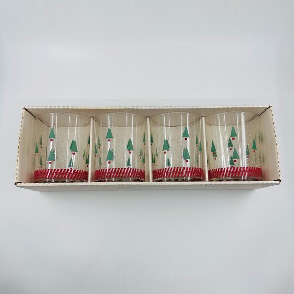 Luminarc Set of 4 Gobelets Glasses With Christmas Trees White Dot Red Stripes - Picture 1 of 5